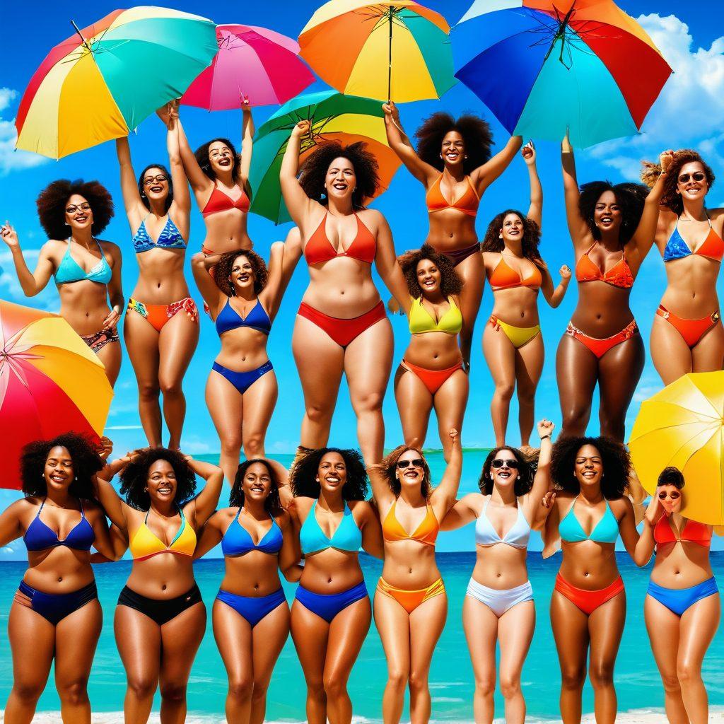 A diverse group of college students of various body types and ethnicities enjoying a sunny beach day, wearing vibrant swimwear that promotes body positivity. They laugh and engage in activities like beach volleyball and sunbathing, surrounded by colorful beach umbrellas and a clear blue sky. Include positive and empowering phrases subtly in the background. bright colors. super-realistic.